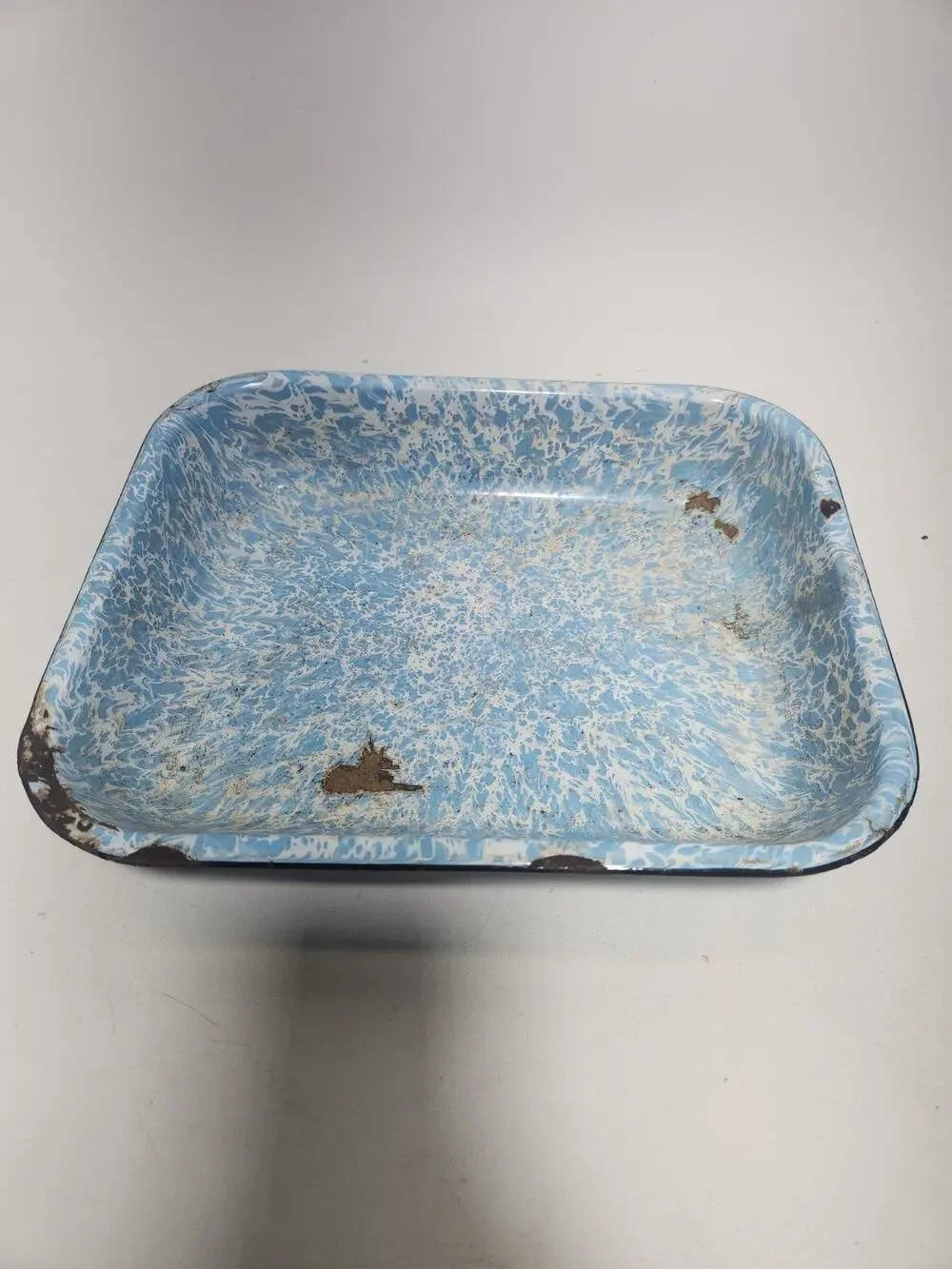 Vintage Blue White Swirl Enamelware Roasting Pan Graniteware Farmhouse Baking Tr